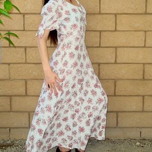 Vintage 90s White Floral w/Pink Roses Maxi Dress